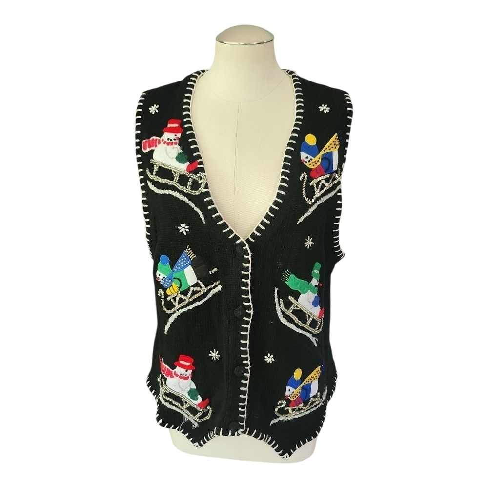 Victoria Jones Holiday Sweater Vest Santa Sleigh – Size Medium - Picture 2 of 6